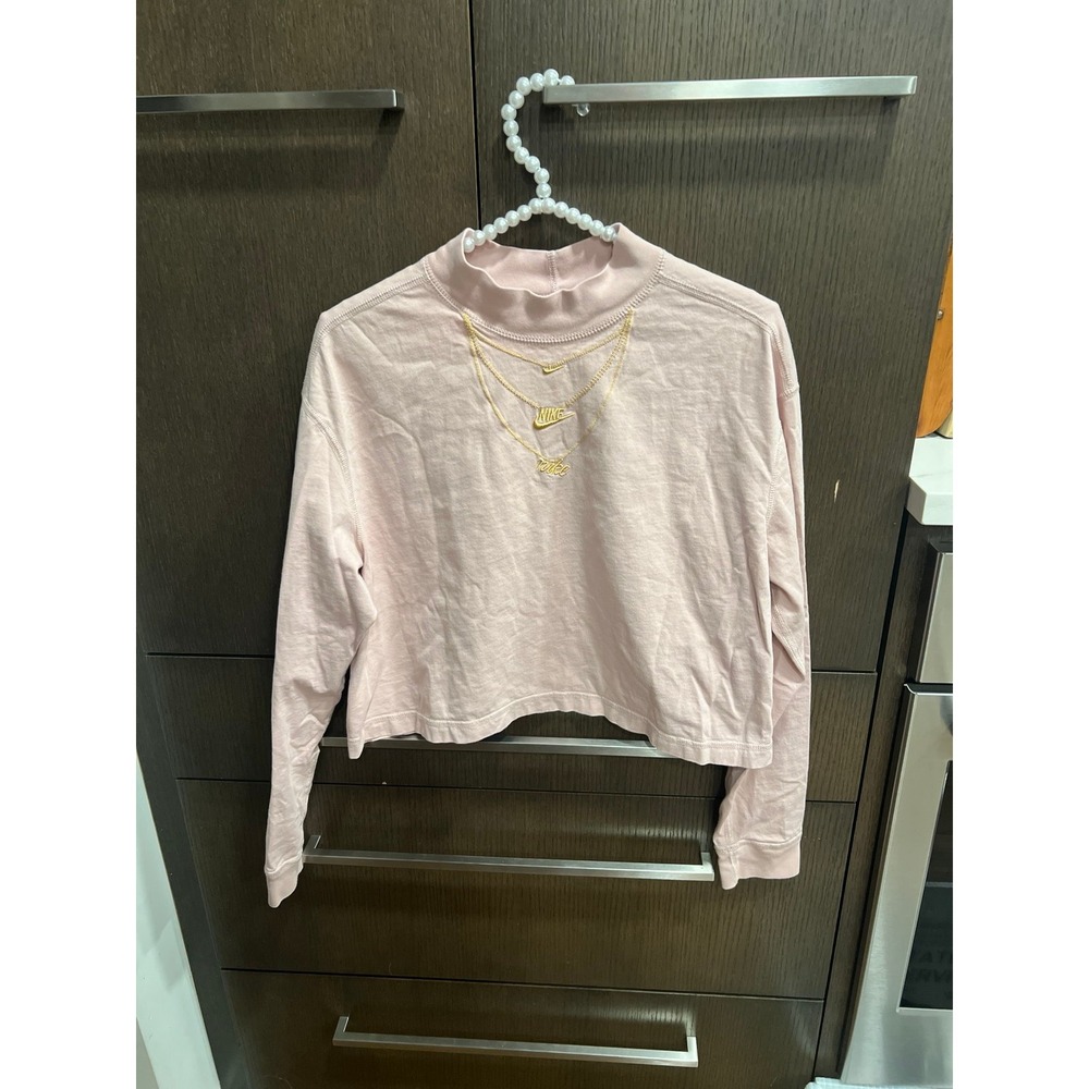 Nike Pink Long-Sleeve Mock Neck T-Shirt Gold Logo Embroidery women's medium